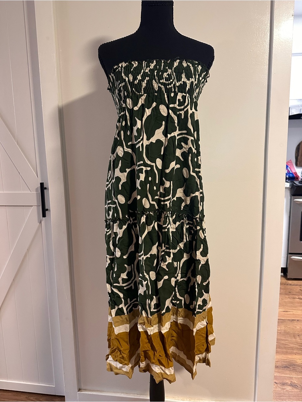 Smocked Strapless Maxi Dress in Green and Mustard